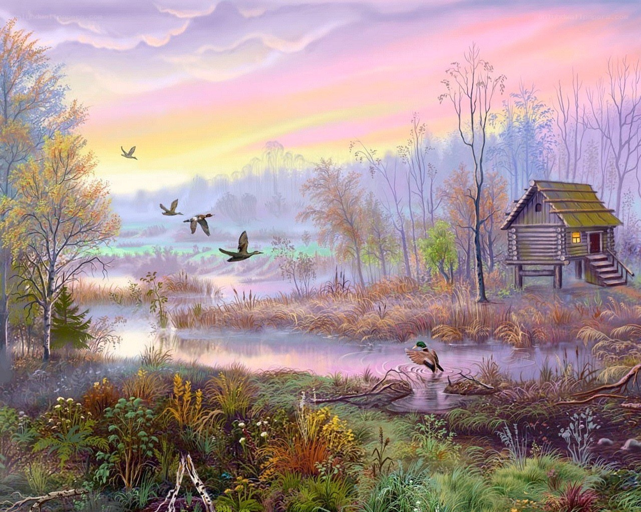 Duck at a lakeside cabin