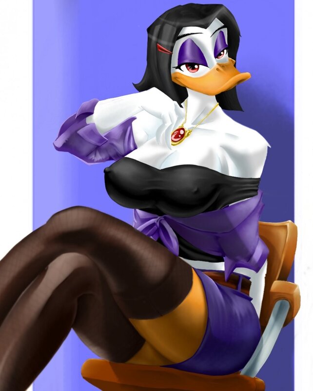duck character in purple outfit