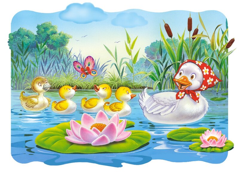 Duck Family in Pond — Blue