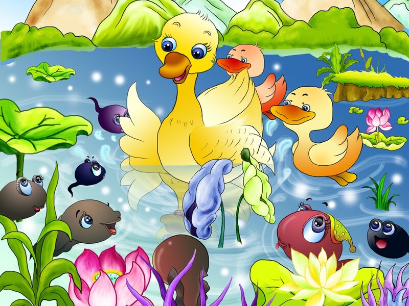 Duck Family in Pond — Yellow
