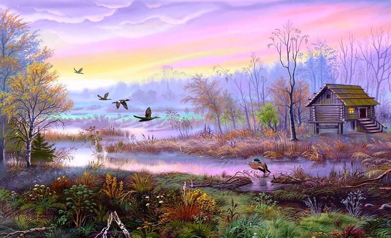Duck Flying over Pond — Purple, Serene