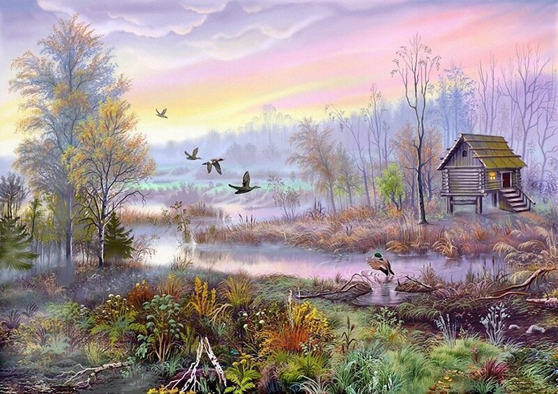 Duck Flying over Pond — Purple