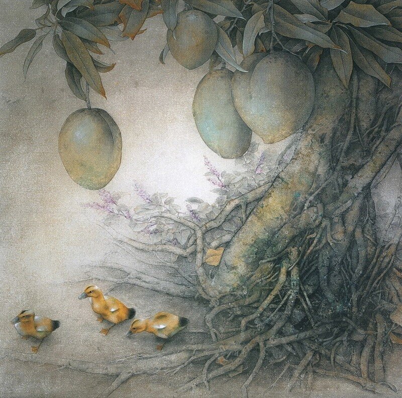 Ducklings under a fruit tree
