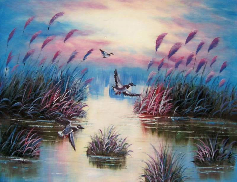 Ducks at Sunset by the Reeds
