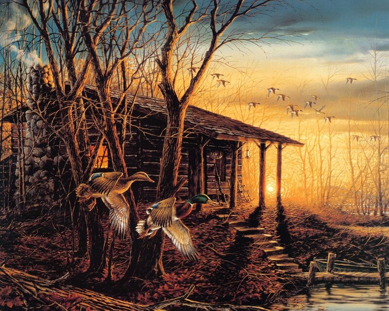 Ducks flying at sunset