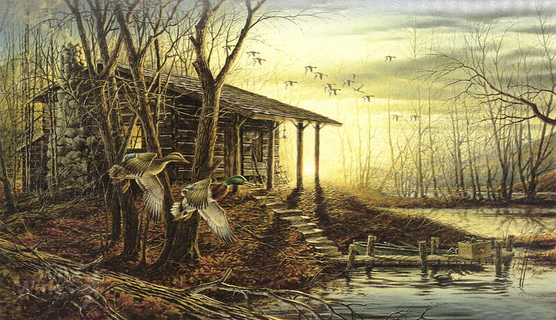 Ducks Flying Near Cabin — Brown