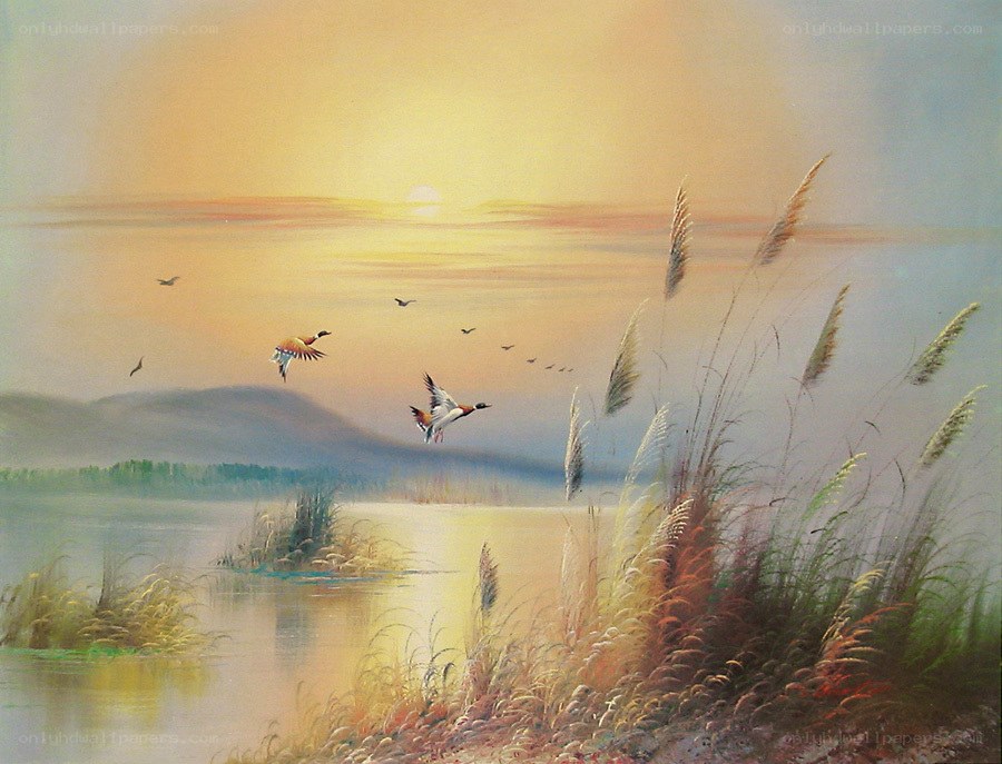 Ducks flying over a lake at sunset