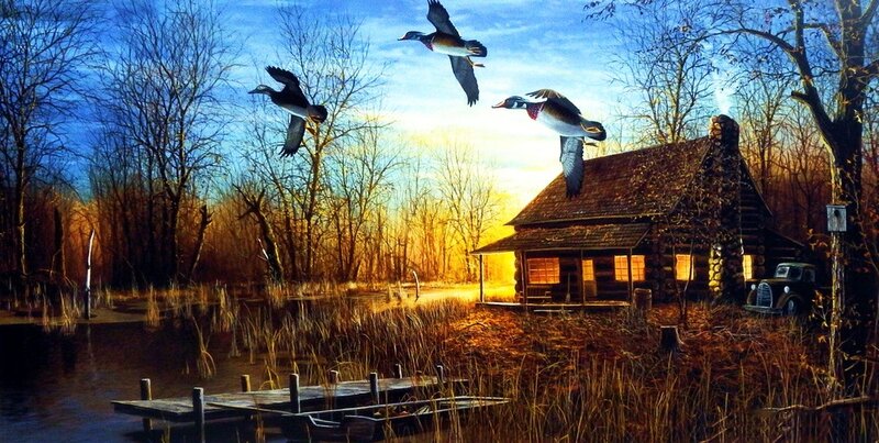 Ducks Flying over Cabin — Blue