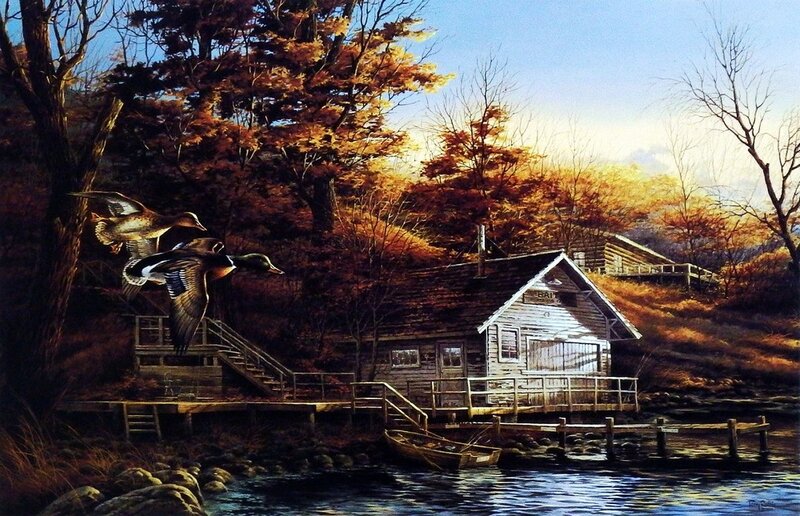 Ducks Flying over Cabin — Brown