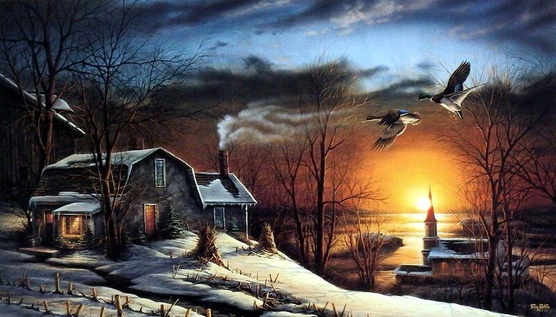 Ducks Flying over Cabin — Orange, Dramatic