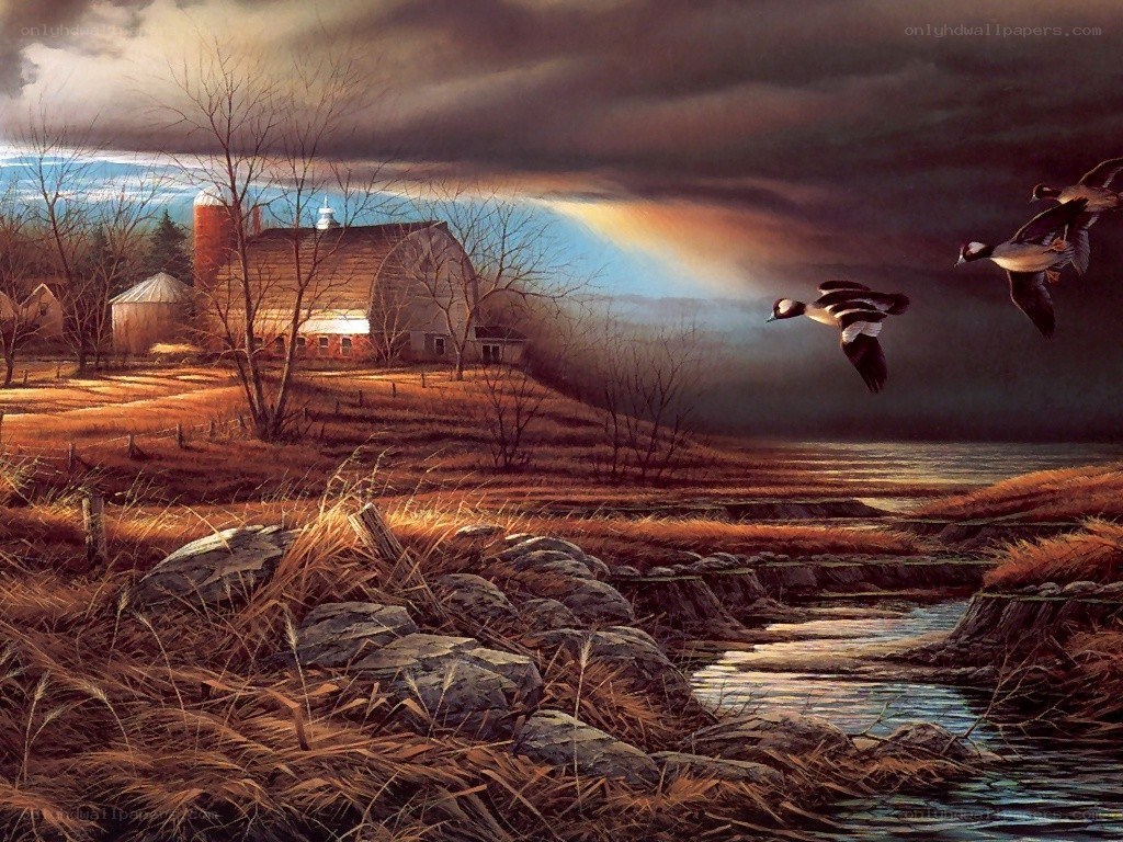 Ducks flying over farm at dusk