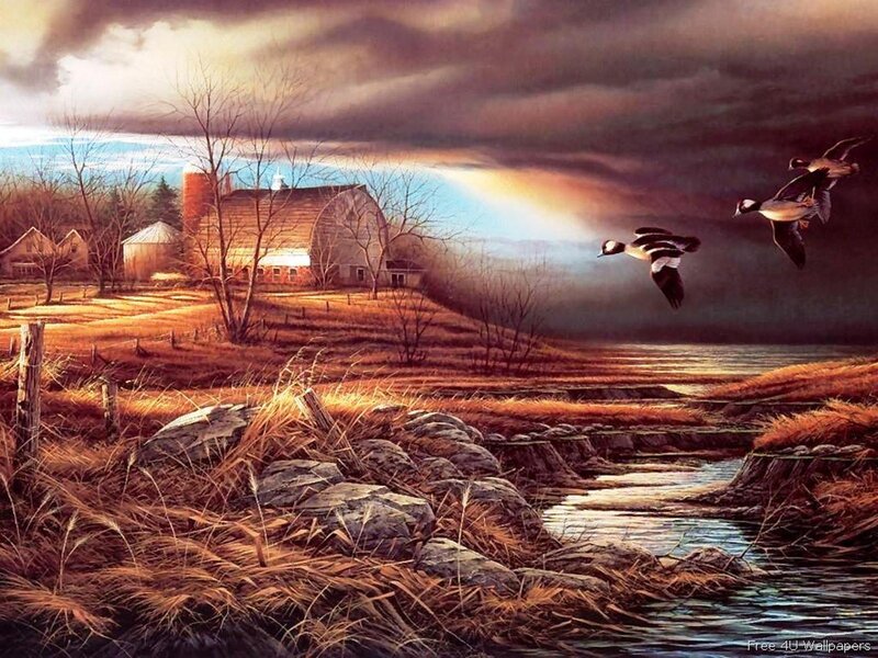 Ducks Flying over Farm — Brown, Dramatic