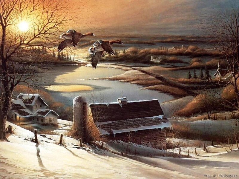 Ducks Flying over Farm — Brown