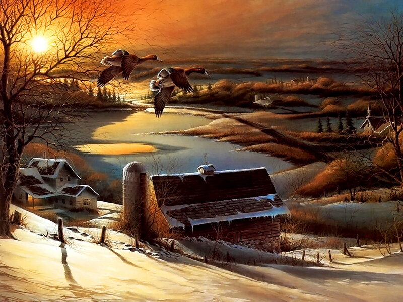 Ducks Flying over Farm — Orange