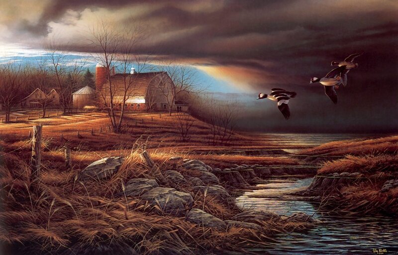 Ducks Flying over Farm