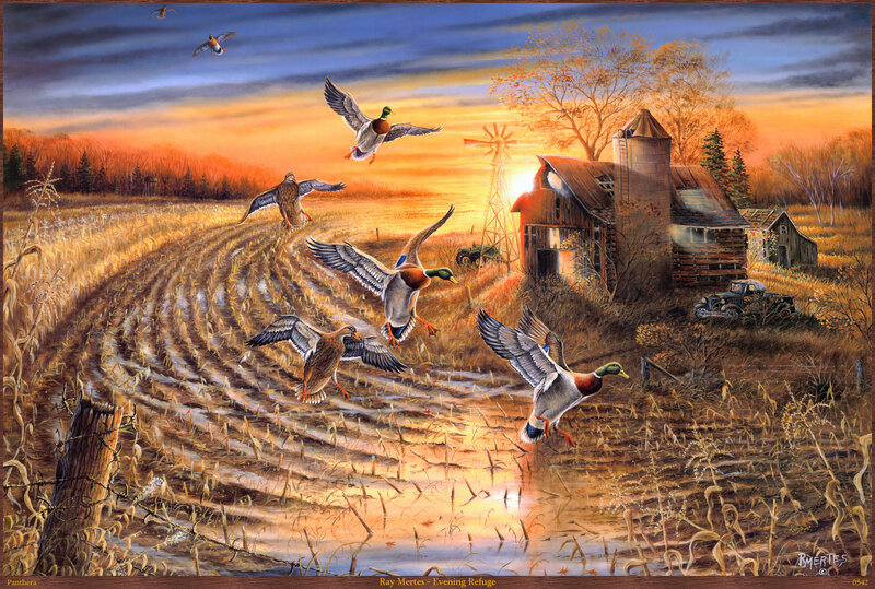 Ducks Flying over Field