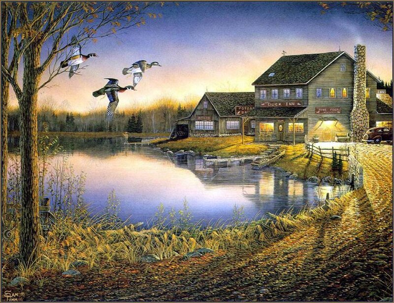 Ducks Flying over Inn — Blue