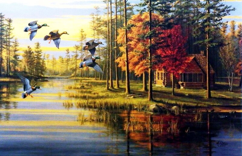 Ducks Flying over Lake — Blue, Serene, Autumn