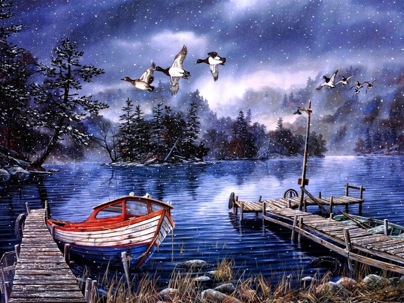 Ducks Flying over Lake — Blue, Serene, Night, Painting