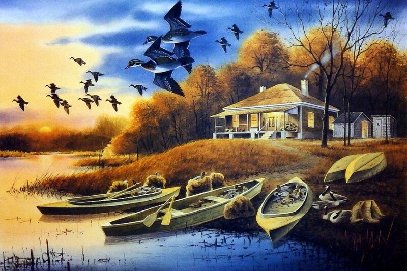 Ducks Flying over Lake — Blue, Serene, Sunset, Painting