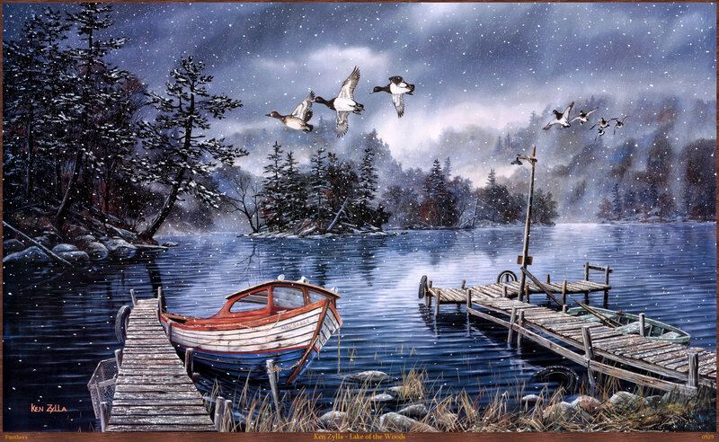 Ducks Flying over Lake — Blue, Serene