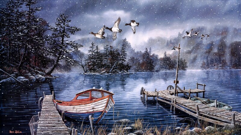 Ducks Flying over Lake — Blue, Serene, Winter, Painting