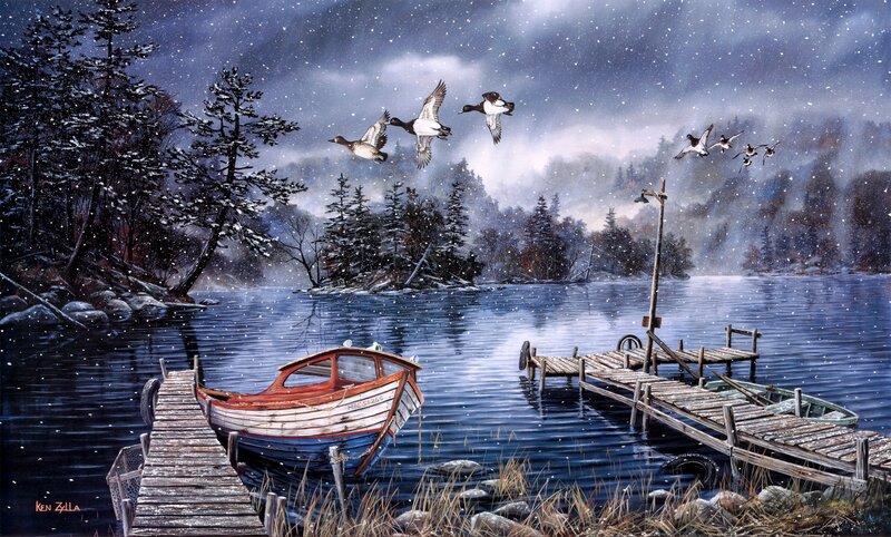 Ducks Flying over Lake — Blue, Serene, Winter