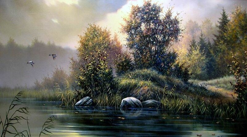 Ducks Flying over Lake — Green