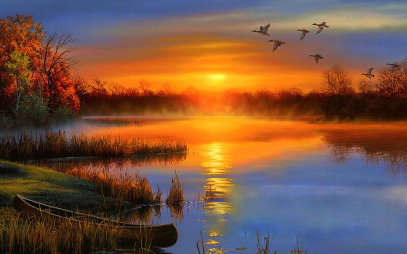 Ducks Flying over Lake — Orange, Serene
