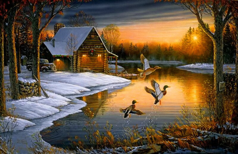 Ducks Flying over Lake — Orange