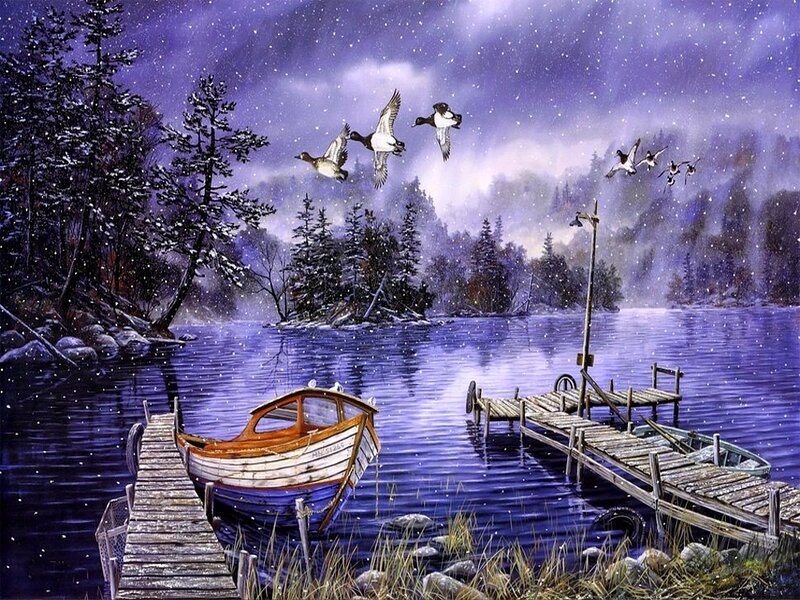 Ducks Flying over Lake — Purple, Serene