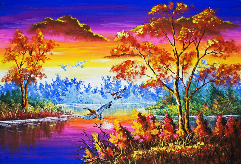 Ducks Flying over Lake