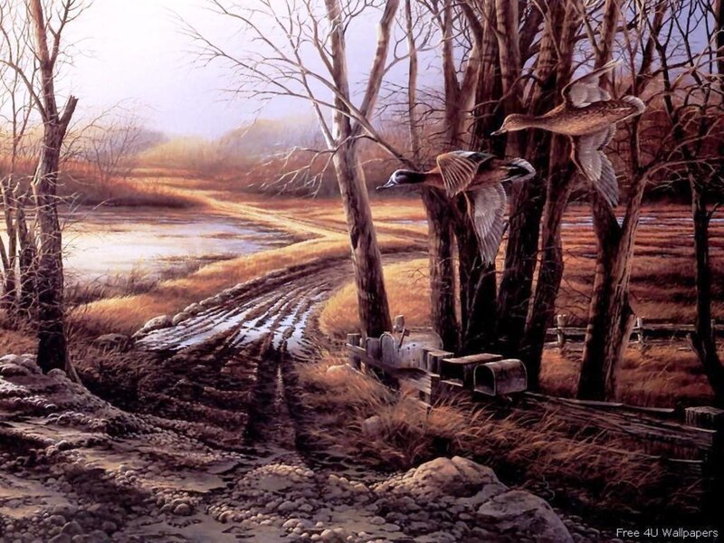 Ducks Flying over Marsh — Brown, Serene