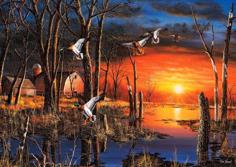 Ducks Flying over Marsh — Orange, Dramatic, Sunset