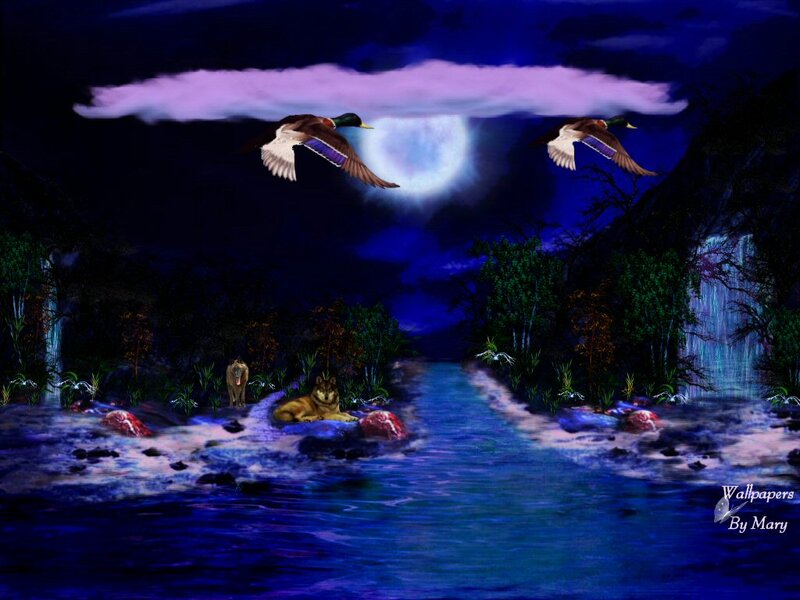 Ducks Flying over River — Blue, Mystical