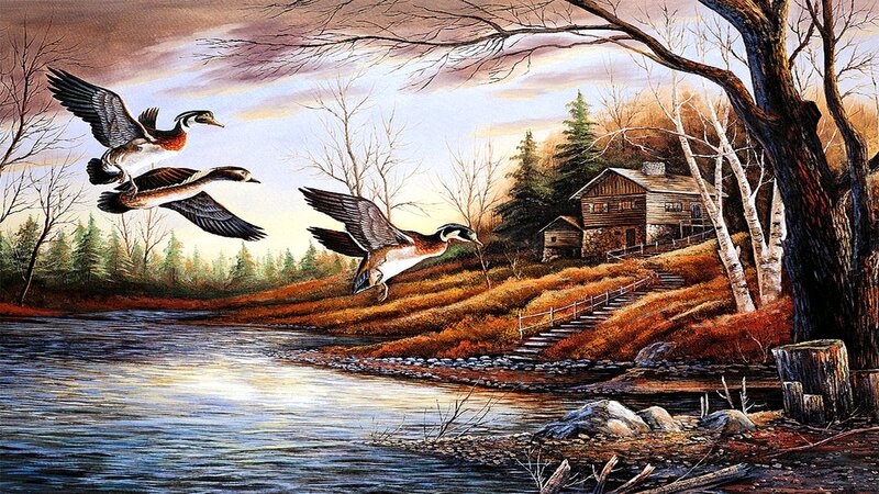 Ducks Flying over River — Blue, Serene, Autumn