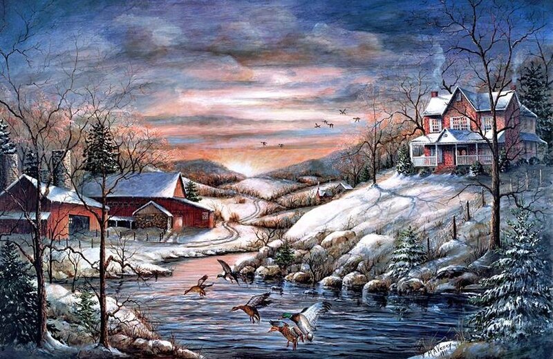 Ducks Flying over River — Blue, Serene