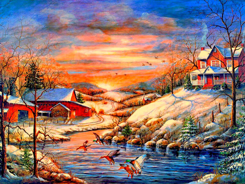 Ducks Flying over River — Blue, Serene, Winter, Painting, Farmhouse, Snow