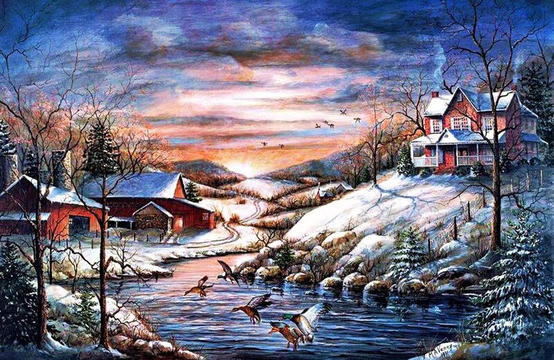 Ducks Flying over River — Blue, Serene, Winter, Painting, House