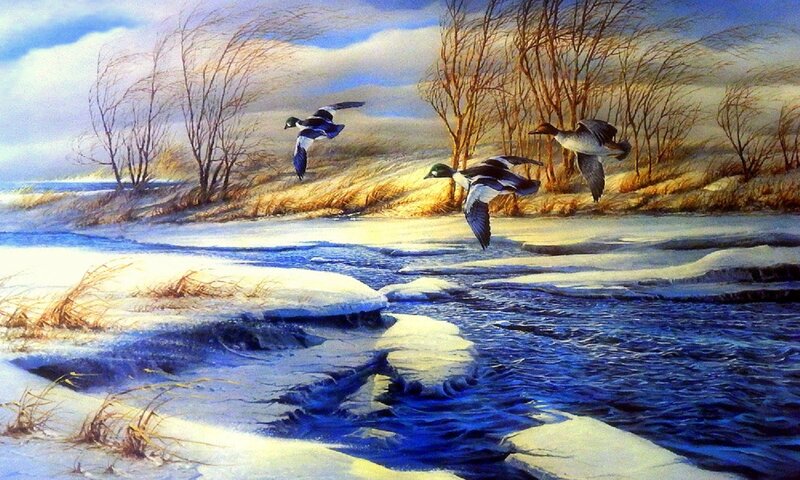 Ducks Flying over River — Blue, Serene, Winter, Painting, Snow