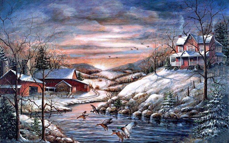 Ducks Flying over River — Blue, Serene, Winter, Painting
