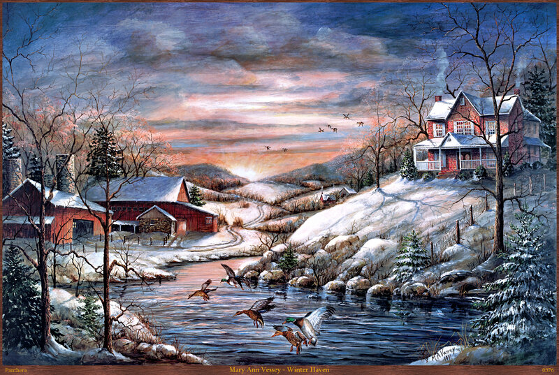 Ducks Flying over River — Blue, Serene, Winter