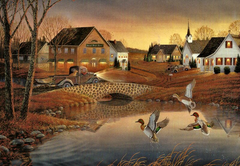 Ducks Flying over River — Brown