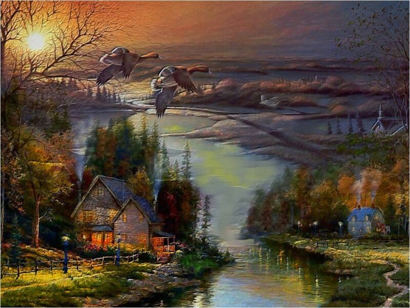 Ducks Flying over River — Orange, Serene, Sunset