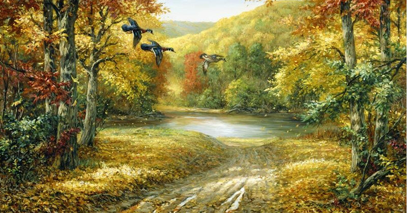 Ducks Flying over River — Yellow