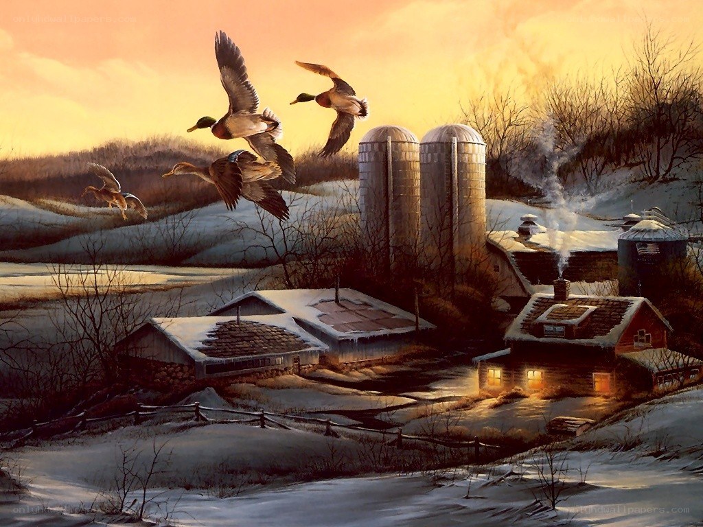 Ducks flying over snowy farm