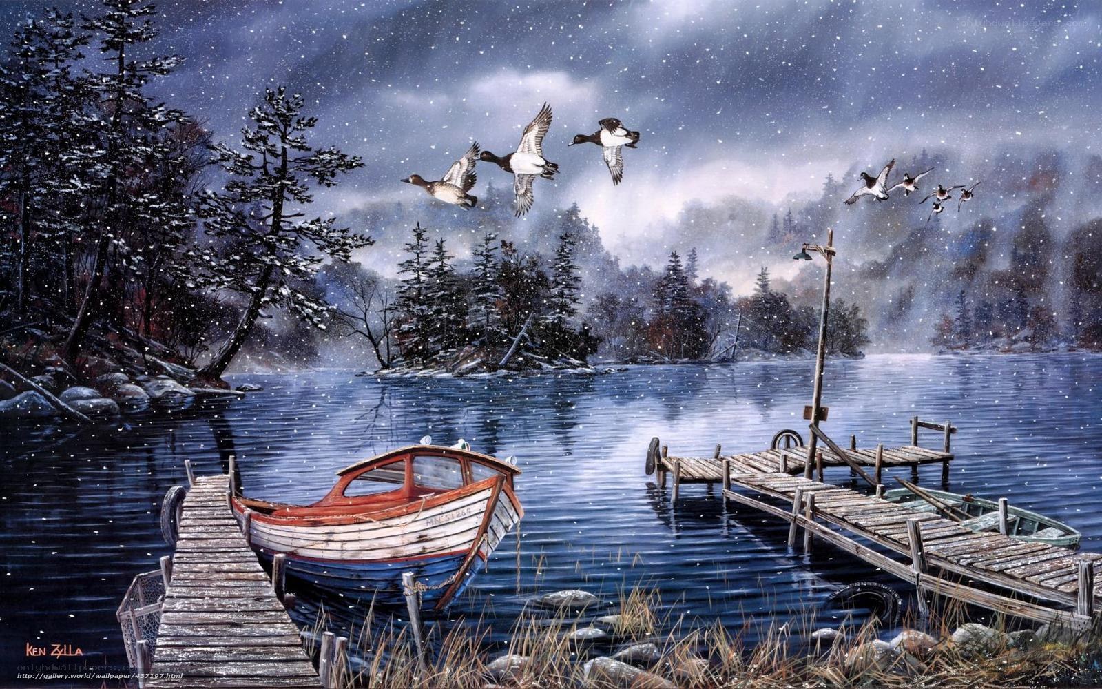 Ducks Flying Over Snowy Lake