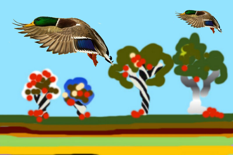 Ducks Flying over Trees — Blue, Calm