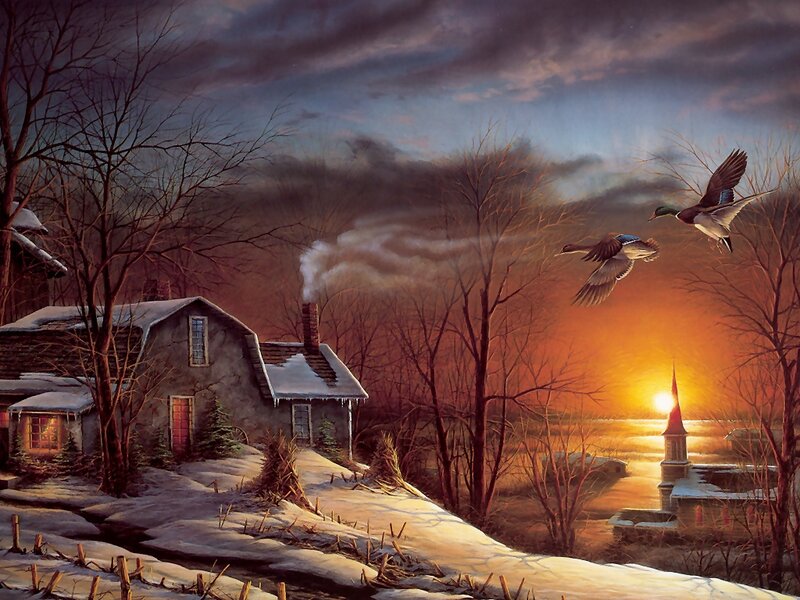Ducks Flying over Village