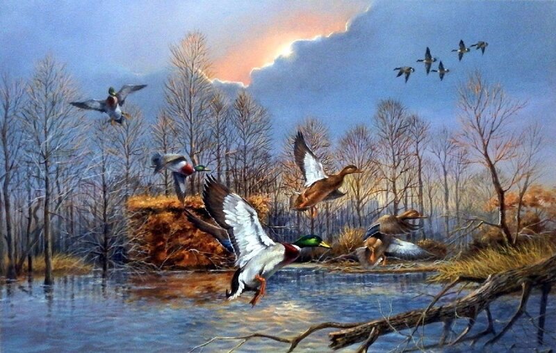 Ducks Flying over Water — Blue, Dramatic